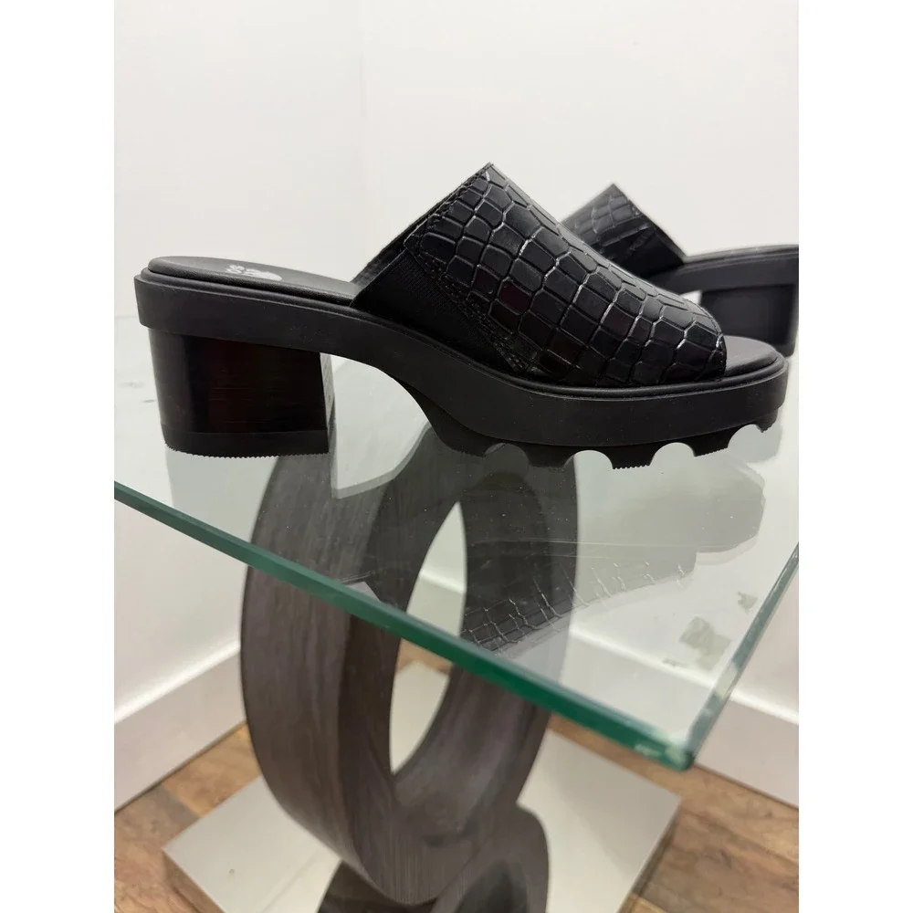 Sorel Brex Slide Sandal Black Croc Embossed Leather Platform Heel NL5085-010 7.5